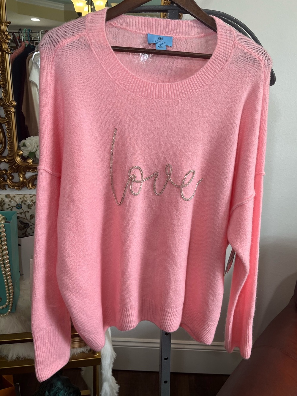 Cece’s Pastel Pink Silver Love Graphic Soft Stretchy Oversized Sweater Nwt Sz L